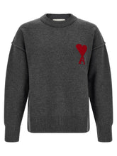 AMI Paris Wool Crewneck with Logo Intarsia Sweater — Gray