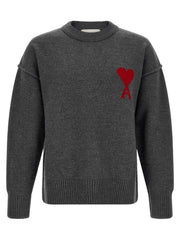 AMI Paris Wool Crewneck with Logo Intarsia Sweater — Gray