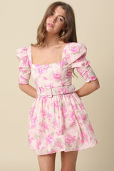 Pink Palm Belted Puff Sleeve Mini Dress