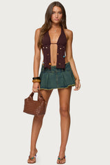 Frayed Pleated Denim Mini Skort