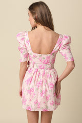 Pink Palm Belted Puff Sleeve Mini Dress